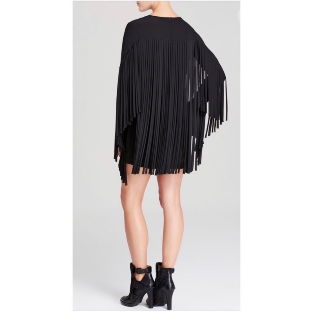 DKNY Fringe Shift Dress Black Crepe Long Sleeve 8